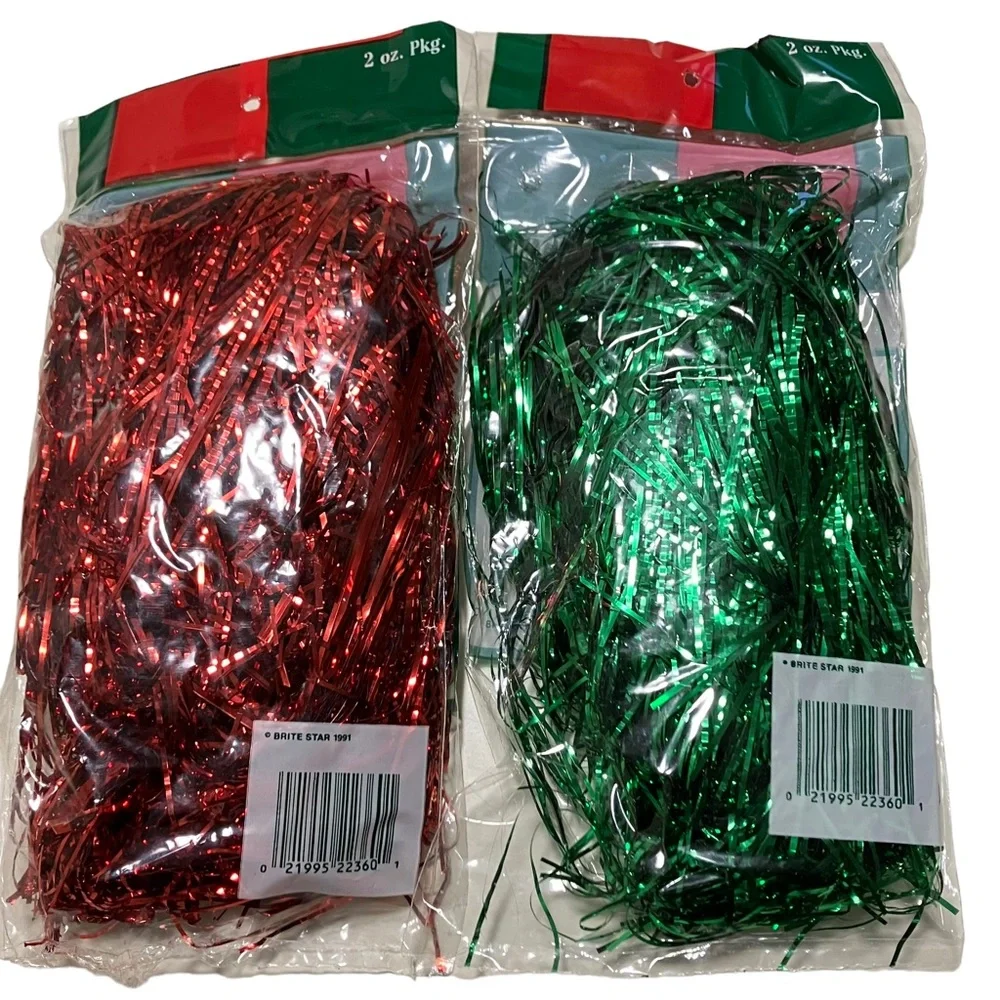Vintage NEW Brite Star Krinkles Metallic Foil Shred Packing Material Red & Green